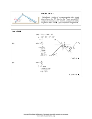 SOLUT
(a)
(b)
TION
PR
Th
dir
com
ma
180 45
180
15
α
° = °
=
= °
cos
cos
60
cos
621
x
P
P
P
P
α =
=
=
=
tan
t
(60
160
y
x
y x
P
P
P P
α =
=
=
=
ROBLEM 2
he hydraulic cy
rected along li
mponent perp
agnitude of the
90 30
45 90
α
+ + ° +
° − ° − ° −
s
00 N
s15
1.17 N
x
P
α
°
tan
00 N)tan15
0.770 N
α
°
2.27
ylinder BC ex
ine BC. Know
pendicular to m
e force P, (b)
0
30
°
− °
xerts on memb
wing that P mu
member AB, d
its component
ber AB a force
ust have a 600
determine (a)
t along line AB
621 N
P =
160.8 N
y
P =
e P
0-N
the
B.
Copyright © McGraw-Hill Education. Permission required for reproduction or display.
www.elsolucionario.org
 