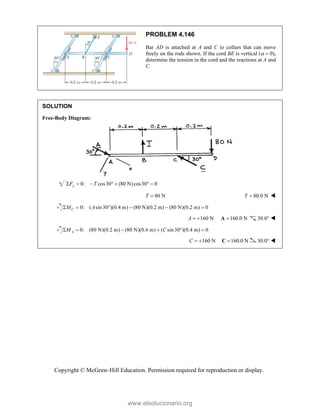Copyright © McGraw-Hill Education. Permission required for reproduction or display.
PROBLEM 4.146
Bar AD is attached at A and C to collars that can move
freely on the rods shown. If the cord BE is vertical (  0),
determine the tension in the cord and the reactions at A and
C.
SOLUTION
Free-Body Diagram:
0: cos30 (80 N)cos30 0
y
F T
      
80 N
T  80.0 N
T  
0: ( sin30 )(0.4 m) (80 N)(0.2 m) (80 N)(0.2 m) 0
C
M A
     
160 N
A   160.0 N

A 30.0° 
0: (80 N)(0.2 m) (80 N)(0.6 m) ( sin30 )(0.4 m) 0
A
M C
     
160 N
C   160.0 N

C 30.0° 
www.elsolucionario.org
 