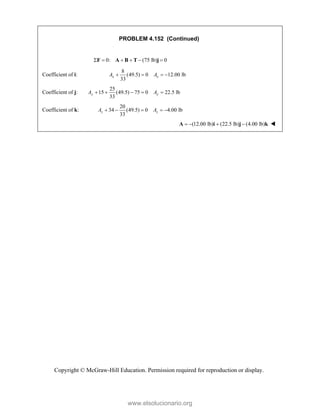 Copyright © McGraw-Hill Education. Permission required for reproduction or display.

PROBLEM 4.152 (Continued)
 0: (75 lb) 0
     
F A B T j 
Coefficient of i:
8
(49.5) 0 12.00 lb
33
x x
A A
   
Coefficient of j:
25
15 (49.5) 75 0 22.5 lb
33
y y
A A
    
Coefficient of k:
20
34 (49.5) 0 4.00 lb
33
z z
A A
     
 (12.00 lb) (22.5 lb) (4.00 lb)
   
A i j k 
www.elsolucionario.org
 