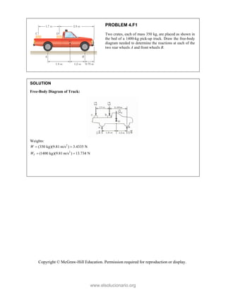 Copyright © McGraw-Hill Education. Permission required for reproduction or display.
PROBLEM 4.F1
Two crates, each of mass 350 kg, are placed as shown in
the bed of a 1400-kg pick-up truck. Draw the free-body
diagram needed to determine the reactions at each of the
two rear wheels A and front wheels B.
SOLUTION
Free-Body Diagram of Truck:

Weights:
2
(350 kg)(9.81 m/s ) 3.4335 N
W  
2
(1400 kg)(9.81 m/s ) 13.734 N
T
W  



www.elsolucionario.org
 