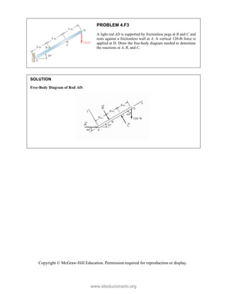 Copyright © McGraw-Hill Education. Permission required for reproduction or display.
PROBLEM 4.F3
A light rod AD is supported by frictionless pegs at B and C and
rests against a frictionless wall at A. A vertical 120-lb force is
applied at D. Draw the free-body diagram needed to determine
the reactions at A, B, and C.
SOLUTION
Free-Body Diagram of Rod AD:


www.elsolucionario.org
 