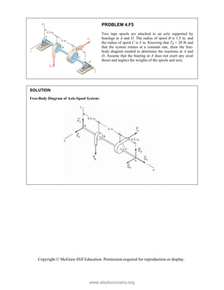Copyright © McGraw-Hill Education. Permission required for reproduction or display.
PROBLEM 4.F5
Two tape spools are attached to an axle supported by
bearings at A and D. The radius of spool B is 1.5 in. and
the radius of spool C is 2 in. Knowing that TB = 20 lb and
that the system rotates at a constant rate, draw the free-
body diagram needed to determine the reactions at A and
D. Assume that the bearing at A does not exert any axial
thrust and neglect the weights of the spools and axle.
SOLUTION
Free-Body Diagram of Axle-Spool System:

www.elsolucionario.org
 