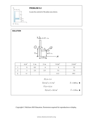 Copyright © McGraw-Hill Education. Permission required for reproduction or display.
PROBLEM 5.2
Locate the centroid of the plane area shown.
SOLUTION
2
, in
A , in.
x , in.
y 3
,in
xA 3
,in
yA
1 8 0.5 4 4 32
2 3 2.5 2.5 7.5 7.5
 11 11.5 39.5
X A x A
 
2 3
(11in ) 11.5 in
X  1.045 in.
X  
Y A y A
  
2 3
(11 in ) 39.5 in
Y  3.59 in.
Y  

www.elsolucionario.org
 