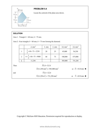 Copyright © McGraw-Hill Education. Permission required for reproduction or display.
PROBLEM 5.4
Locate the centroid of the plane area shown.
SOLUTION
Area 1: Triangle b = 60 mm, h = 75 mm.
Area 2: Four triangles b = 60 mm, h = 75 mm forming the diamond.
2
, mm
A , mm
x , mm
y 3
, mm
xA 3
, mm
yA
1
1
60 75 2250
2
   20 25 45,000 56,250
2
1
4 60 75 9000
2
    60 75 540,000 675,000
 11,250 585,000 731,250
Then X A xA
  
2 3
(11,250 mm ) 585,000 mm
X  or 52.0 mm
X  
and Y A yA
  
2 3
(11,250 m ) 731,250 mm
Y  or 65.0 mm
Y  
www.elsolucionario.org
 