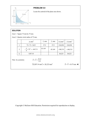Copyright © McGraw-Hill Education. Permission required for reproduction or display.
PROBLEM 5.9
Locate the centroid of the plane area shown.
SOLUTION
Area 1: Square 75 mm by 75 mm.
Area 2: Quarter circle radius of 75 mm.
2
, mm
A , mm
x , mm
y 3
,mm
xA 3
,mm
yA
1 75 75 5625
  37.5 37.5 210,938 210,938
2
2
75 4417.9
4

   
43.169

43.169 -190,715 
 1207.10 20,223 20,223
Then by symmetry
xA
X Y
A

 

2 3
(1207.14 mm ) 20,223 mm
X  16.75 mm
X Y
  
www.elsolucionario.org
 