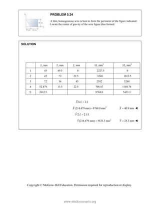 Copyright © McGraw-Hill Education. Permission required for reproduction or display.
PROBLEM 5.24
A thin, homogeneous wire is bent to form the perimeter of the figure indicated.
Locate the center of gravity of the wire figure thus formed.
SOLUTION
, mm
L , mm
x , mm
y 2
,mm
xL 2
,mm
yL
1 45 49.5 0 2227.5 0
2 45 72 22.5 3240 1012.5
3 72 36 45 2592 3240
4 52.479 13.5 22.5 708.47 1180.78
 2632.5 8768.0 5433.3
X L x L
 
2
(214.479 mm) 8768.0 mm
X  40.9 mm
X  
Y L yL
  
2
(214.479 mm) 5433.3 mm
Y  25.3 mm
Y  

www.elsolucionario.org
 