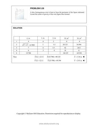 Copyright © McGraw-Hill Education. Permission required for reproduction or display.
PROBLEM 5.26
A thin, homogeneous wire is bent to form the perimeter of the figure indicated.
Locate the center of gravity of the wire figure thus formed.
SOLUTION
L, in. , in.
x , in.
y 2
, in
xL 2
, in
yL
1 4 0 2 0 8
2 2 2
3 6 6.7082
  3 5.5 20.125 36.894
3 7 6 3.5 42 24.5
4 6 3 0 18 0
 23.708 80.125 69.394
Then (23.708) 80.125
X L x L X
    3.38 in.
X  
(23.708) 69.394
Y L y L Y
    2.93 in.
Y  
www.elsolucionario.org
 