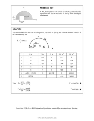 Copyright © McGraw-Hill Education. Permission required for reproduction or display.
PROBLEM 5.27
A thin, homogeneous wire is bent to form the perimeter of the
figure indicated. Locate the center of gravity of the wire figure
thus formed.
SOLUTION
First note that because the wire is homogeneous, its center of gravity will coincide with the centroid of
the corresponding line.
6
2
(38 in.)
Y


, in.
L , in.
x , in.
y 2
, in.
xL 2
, in.
yL
1 18 –29 0 –522 0
2 16 –20 8 –320 128
3 20 –10 16 –200 320
4 16 0 8 0 128
5 38 19 0 722 0
6 (38) 119.381
  0 24.192 0 2888.1
 227.38 –320 3464.1
Then
320
227.38
x L
X
L
 
 

1.407 in.
X   
3464.1
227.38
yL
Y
L

 

15.23 in.
Y  
www.elsolucionario.org
 