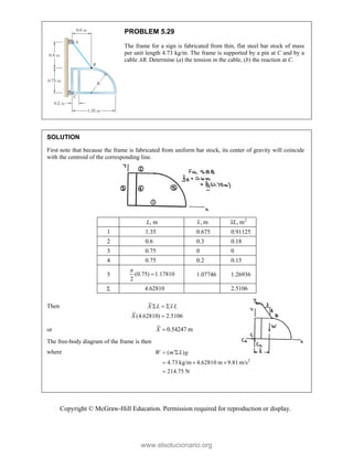 Copyright © McGraw-Hill Education. Permission required for reproduction or display.
PROBLEM 5.29
The frame for a sign is fabricated from thin, flat steel bar stock of mass
per unit length 4.73 kg/m. The frame is supported by a pin at C and by a
cable AB. Determine (a) the tension in the cable, (b) the reaction at C.
SOLUTION
First note that because the frame is fabricated from uniform bar stock, its center of gravity will coincide
with the centroid of the corresponding line.
L, m , m
x 2
, m
xL
1 1.35 0.675 0.91125
2 0.6 0.3 0.18
3 0.75 0 0
4 0.75 0.2 0.15
5 (0.75) 1.17810
2

 1.07746 1.26936
 4.62810 2.5106
Then
(4.62810) 2.5106
X L x L
X
  

or 0.54247 m
X 
The free-body diagram of the frame is then
where
2
( )
4.73 kg/m 4.62810 m 9.81 m/s
214.75 N
W m L g

 
  

www.elsolucionario.org
 