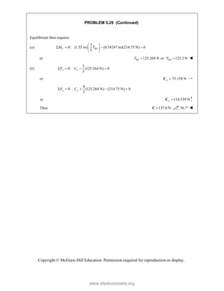 Copyright © McGraw-Hill Education. Permission required for reproduction or display.
PROBLEM 5.29 (Continued)
Equilibrium then requires
(a)
3
0: (1.55 m) (0.54247 m)(214.75 N) 0
5
C BA
M T
 
   
 
 
or 125.264 N
BA
T  or 125.3 N
BA
T  
(b)
3
0: (125.264 N) 0
5
x x
F C
   
or 75.158 N
x 
C
4
0: (125.264 N) (214.75 N) 0
5
y y
F C
    
or 114.539 N
y 
C
Then 137.0 N

C 56.7° 
www.elsolucionario.org
 