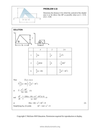 Copyright © McGraw-Hill Education. Permission required for reproduction or display.
PROBLEM 5.32
Determine the distance h for which the centroid of the shaded
area is as far above line BB′ as possible when (a) k  0.10,
(b) k  0.80.
SOLUTION
A y yA
1
1
2
ba
1
3
a 2
1
6
a b
2
1
( )
2
kb h

1
3
h 2
1
6
kbh

 ( )
2
b
a kh
 2 2
( )
6
b
a kh

Then
2 2
( ) ( )
2 6
Y A yA
b b
Y a kh a kh
  
 
  
 
 
or
2 2
3( )
a kh
Y
a kh



(1)
and
2 2
2
1 2 ( ) ( )( )
0
3 ( )
dY kh a kh a kh k
dh a kh
    
 

or 2 2
2 ( ) 0
h a kh a kh
    (2)
Simplifying Eq. (2) yields 2 2
2 0
kh ah a
  
www.elsolucionario.org
 