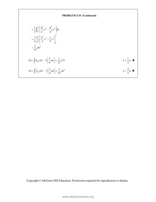 Copyright © McGraw-Hill Education. Permission required for reproduction or display.
PROBLEM 5.35 (Continued)
2 2
2 4
2 4
0
2 2
3 5
4
0
2
1
2
1 1
2 3 5
1
15
a
a
h h
x x dx
a a
h a
x x
a
ah
 
 
 
 
 
 
 
 
 


2
1 1
:
6 12
EL
xA x dA x ah a h
 
 
 
 

1
2
x a
 
2
1 1
:
6 15
EL
yA y dA y ah ah
 
 
 
 

2
5
y h
 
www.elsolucionario.org
 