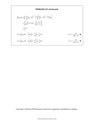 Copyright © McGraw-Hill Education. Permission required for reproduction or display.
PROBLEM 5.39 (Continued)
   
2 2 2 2
0
2 2 3
2
2 2
0
0
2
2
( )
3
2 2
1
6
a
EL
a
a
b b
y dA a a x a a x dx
a a
b b x
x dx
a a
ab
 
    
 
 
 
   
 
 

 

2
1
: 1
4 6
EL
xA x dA x ab a b

 
 
  
 
 
 
 

2
or
3(4 )
a
x




2
1
: 1
4 6
EL
yA y dA y ab ab

 
 
  
 
 
 
 

2
or
3(4 )
b
y




www.elsolucionario.org
 