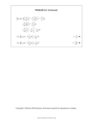 Copyright © McGraw-Hill Education. Permission required for reproduction or display.
PROBLEM 5.41 (Continued)
3 3
2 2
2 2
0
2 6
4
4 2
0
2 5 7
2
4 2
0
2
2
1
5 35
2 7
a
EL
a
a
b x b x
y dA x x dx
a a
a a
b x
x dx
a a
b x x
ab
a a
   
  
   
   
   
 
 
 
 
 
 
  
 
 
 

2
1 1
:
12 20
EL
xA x dA x ba a b
 
 
 
 

3
5
x a
 
2
1 1
:
12 35
EL
yA y dA y ba ab
 
 
 
 

12
35
y b
 
www.elsolucionario.org
 