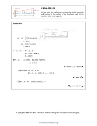 Copyright © McGraw-Hill Education. Permission required for reproduction or display.
PROBLEM 5.66
For the beam and loading shown, determine (a) the magnitude
and location of the resultant of the distributed load, (b) the
reactions at the beam supports.
SOLUTION
I
II
1
( ) (400 N/m)(6 m)
2
1200 N
(1600 N/m)(6m)
4800 N
a R
R




I II
F 0 :
1200 N 4800 N
6000 N
y R R R
R
R
       
 

     
0: 6000 2 1200 4 4800
3.60 m
A
M X
X
     

6000 N , 3.60 m
X
  
R 
(b) Reactions 0 : 0
0 : 6000 0 6000 N
x x
y y y
F A
F A A
  
    
6000 N

A 
0: (6000 N)(3.60 m) 0
A A
M M
   
21.6 kN m
A  
M 
www.elsolucionario.org
 