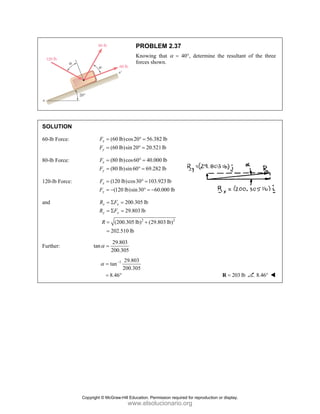SOLUT
60-lb Fo
80-lb Fo
120-lb F
and
Further:
TION
orce:
orce:
Force:
(60 l
(60 l
x
y
F
F
=
=
(80 l
(80 l
x
y
F
F
=
=
(120
(12
x
y
F
F
=
= −
(20
202.
x x
y y
R F
R F
R
= Σ
= Σ
=
=
29.
tan
200
α =
tan
8.46
α −
=
= °
PRO
Knowi
forces
lb)cos20 5
lb)sin 20 20
° =
° =
lb)cos60 4
lb)sin60 69
° =
° =
0 lb)cos30 1
20 lb)sin30
° =
° =
2
200.305 lb
29.803 lb
00.305 lb) (
.510 lb
=
=
+
803
.305
1 29.803
200.305
°
BLEM 2.37
ing that α =
shown.
6.382 lb
0.521lb
0.000 lb
9.282 lb
103.923 lb
60.000 lb
= −
2
(29.803 lb)
7
40°, determi
ine the result
203
=
R
ant of the th
3 lb 8.46°
hree
Copyright © McGraw-Hill Education. Permission required for reproduction or display.
www.elsolucionario.org
 