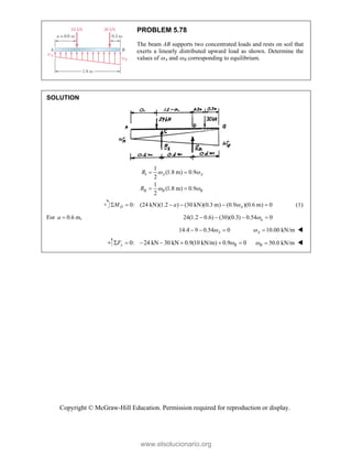 Copyright © McGraw-Hill Education. Permission required for reproduction or display.
PROBLEM 5.78
The beam AB supports two concentrated loads and rests on soil that
exerts a linearly distributed upward load as shown. Determine the
values of A and B corresponding to equilibrium.
SOLUTION
I
II
1
(1.8 m) 0.9
2
1
(1.8 m) 0.9
2
A A
B B
R
R
 
 
 
 
0: (24 kN)(1.2 ) (30 kN)(0.3 m) (0.9 )(0.6 m) 0
D A
M a 
      (1)
For 0.6 m,
a  24(1.2 0.6) (30)(0.3) 0.54 0
a

   
14.4 9 0.54 0
A

   10.00 kN/m
A
  
0: 24 kN 30 kN 0.9(10 kN/m) 0.9 0
y B
F 
       50.0 kN/m
B
  
www.elsolucionario.org
 