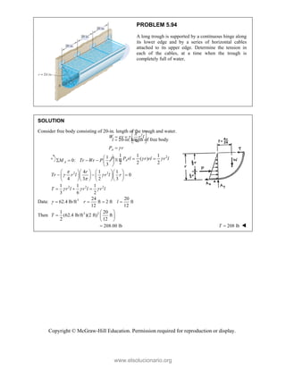 Copyright © McGraw-Hill Education. Permission required for reproduction or display.
PROBLEM 5.94
A long trough is supported by a continuous hinge along
its lower edge and by a series of horizontal cables
attached to its upper edge. Determine the tension in
each of the cables, at a time when the trough is
completely full of water.
SOLUTION
Consider free body consisting of 20-in. length of the trough and water.
20-in.
l  length of free body
2
2
4
1 1 1
( )
2 2 2
A
A
W v r l
P r
P P rl r rl r l

 

 
 
   
 

  
1
0: 0
3
A
M Tr Wr P r
 
    
 
 
2 2
4 1 1
0
4 3 2 3
r
Tr r l r l r

 

     
  
     
     
2 2 2
1 1 1
3 6 2
T r l r l r l
  
  
Data: 3 24 20
62.4 lb/ft ft 2 ft ft
12 12
r l
    
Then 3 2
1 20
(62.4 lb/ft )(2 ft) ft
2 12
T
 
  
 
208.00 lb
 208 lb
T  
www.elsolucionario.org
 