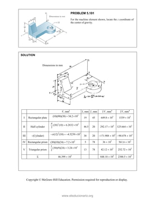 Copyright © McGraw-Hill Education. Permission required for reproduction or display.
PROBLEM 5.101
For the machine element shown, locate the z coordinate of
the center of gravity.
SOLUTION
3
, mm
V , mm
x , mm
z 4
, mm
xV 4
, mm
zV
I Rectangular plate
3
(10)(90)(38) 34.2 10
 
19 45 649.8  103
1539  103
II Half cylinder
2 3
(20) (10) 6.2832 10
2

 
46.5 20 292.17  103
125.664  103

III –(Cylinder)
2 3
(12) (10) 4.5239 10

   
38 20 171.908  103
90.478  103
IV Rectangular prism 3
(30)(10)(24) 7.2 10
  5 78 36  103
561.6  103
V Triangular prism
3
1
(30)(9)(24) 3.24 10
2
 
13 78 42.12  103
252.72  103
 46.399  103
848.18  103
2388.5  103
Dimensions in mm
www.elsolucionario.org
 