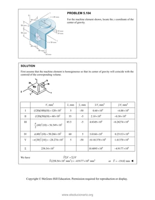 Copyright © McGraw-Hill Education. Permission required for reproduction or display.
PROBLEM 5.104
For the machine element shown, locate the y coordinate of the
center of gravity.
SOLUTION
First assume that the machine element is homogeneous so that its center of gravity will coincide with the
centroid of the corresponding volume.
3
, mm
V , mm
x , mm
y 4
, mm
xV 4
, mm
yV
I 3
(120)(100)(10) 120 10
  5 -50 6
0.60 10
 6
6.00 10
 
II 3
(120)(50)(10) 60 10
  35 -5 6
2.10 10
 6
0.30 10
 
III
2 3
(60) (10) 56.549 10
2

 
85.5 -5 6
4.8349 10
 6
0.28274 10
 
IV 2 3
(40) (10) 50.266 10
   60 5 6
3.0160 10
 6
0.25133 10

V    
2 3
30 10 28.274 10

    5 -50 6
0.141370 10
  6
1.41370 10

 3
258.54 10
 6
10.4095 10
 6
4.9177 10
 
We have Y V yV
  
3 3 6 4
(258.54 10 mm ) 4.9177 10 mm
Y     or 19.02 mm
Y   
www.elsolucionario.org
 