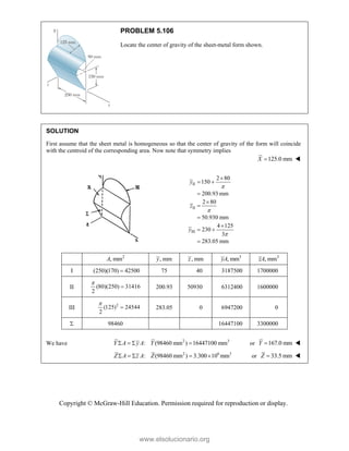 Copyright © McGraw-Hill Education. Permission required for reproduction or display.
PROBLEM 5.106
Locate the center of gravity of the sheet-metal form shown.
SOLUTION
First assume that the sheet metal is homogeneous so that the center of gravity of the form will coincide
with the centroid of the corresponding area. Now note that symmetry implies
125.0 mm
X  
II
II
III
2 80
150
200.93 mm
2 80
50.930 mm
4 125
230
3
283.05 mm
y
z
y




 





 

2
, mm
A , mm
y , mm
z 3
, mm
yA 3
, mm
zA
I (250)(170) 42500
 75 40 3187500 1700000
II (80)(250) 31416
2

 200.93 50930 6312400 1600000
III
2
(125) 24544
2

 283.05 0 6947200 0
 98460 16447100 3300000
We have 2 3
: (98460 mm ) 16447100 mm
Y A y A Y
    or 167.0 mm
Y  
2 6 3
: (98460 mm ) 3.300 10 mm
Z A z A Z
     or 33.5 mm
Z  
www.elsolucionario.org
 