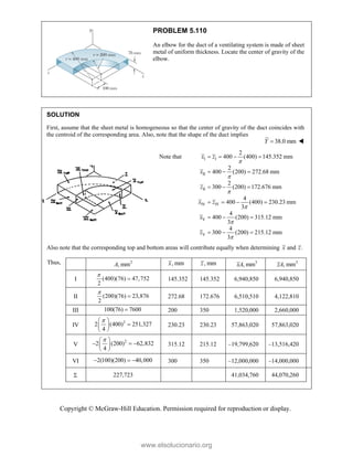 Copyright © McGraw-Hill Education. Permission required for reproduction or display.
PROBLEM 5.110
An elbow for the duct of a ventilating system is made of sheet
metal of uniform thickness. Locate the center of gravity of the
elbow.
SOLUTION
First, assume that the sheet metal is homogeneous so that the center of gravity of the duct coincides with
the centroid of the corresponding area. Also, note that the shape of the duct implies
38.0 mm
Y  
I I
II
II
IV IV
V
V
2
Note that 400 (400) 145.352 mm
2
400 (200) 272.68 mm
2
300 (200) 172.676 mm
4
400 (400) 230.23 mm
3
4
400 (200) 315.12 mm
3
4
300 (200) 215.12 mm
3
x z
x
z
x z
x
z






   
  
  
   
  
  
Also note that the corresponding top and bottom areas will contribute equally when determining and .
x z
Thus, 2
, mm
A , mm
x , mm
z 3
, mm
xA 3
, mm
zA
I (400)(76) 47,752
2

 145.352 145.352 6,940,850 6,940,850
II (200)(76) 23,876
2

 272.68 172.676 6,510,510 4,122,810
III 100(76) 7600
 200 350 1,520,000 2,660,000
IV
2
2 (400) 251,327
4

 

 
 
230.23 230.23 57,863,020 57,863,020
V
2
2 (200) 62,832
4

 
  
 
 
315.12 215.12 –19,799,620 –13,516,420
VI 2(100)(200) 40,000
   300 350 –12,000,000 –14,000,000
 227,723 41,034,760 44,070,260
www.elsolucionario.org
 