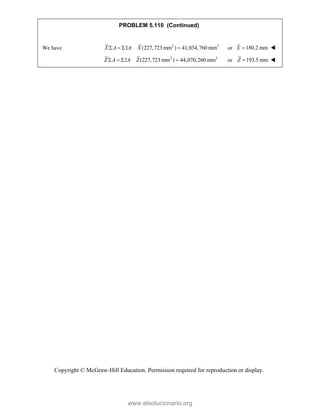 Copyright © McGraw-Hill Education. Permission required for reproduction or display.
PROBLEM 5.110 (Continued)
We have 2 3
: (227,723 mm ) 41,034,760 mm
X A xA X
    or 180.2 mm
X  
2 3
: (227,723 mm ) 44,070,260 mm
Z A zA Z
    or 193.5 mm
Z  
www.elsolucionario.org
 