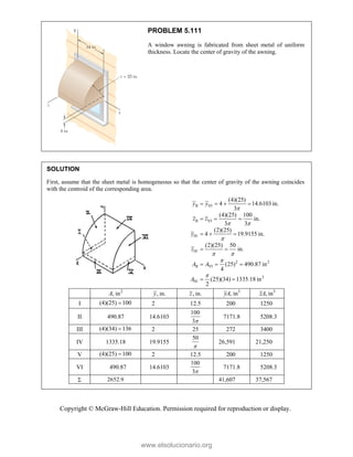 Copyright © McGraw-Hill Education. Permission required for reproduction or display.
PROBLEM 5.111
A window awning is fabricated from sheet metal of uniform
thickness. Locate the center of gravity of the awning.
SOLUTION
First, assume that the sheet metal is homogeneous so that the center of gravity of the awning coincides
with the centroid of the corresponding area.
II VI
II VI
IV
IV
2 2
II VI
2
IV
(4)(25)
4 14.6103 in.
3
(4)(25) 100
in.
3 3
(2)(25)
4 19.9155 in.
(2)(25) 50
in.
(25) 490.87 in
4
(25)(34) 1335.18 in
2
y y
z z
y
z
A A
A

 

 


   
  
  
 
  
 
2
, in
A , in.
y , in.
z 3
, in
yA 3
, in
zA
I (4)(25) 100
 2 12.5 200 1250
II 490.87 14.6103
100
3
7171.8 5208.3
III (4)(34) 136
 2 25 272 3400
IV 1335.18 19.9155
50

26,591 21,250
V (4)(25) 100
 2 12.5 200 1250
VI 490.87 14.6103
100
3
7171.8 5208.3
 2652.9 41,607 37,567
www.elsolucionario.org
 
