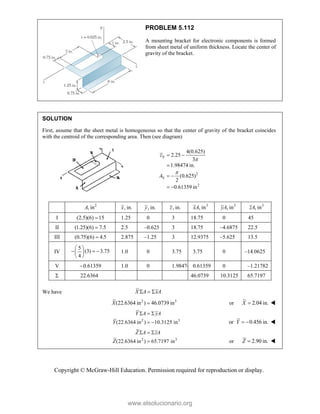 Copyright © McGraw-Hill Education. Permission required for reproduction or display.
PROBLEM 5.112
A mounting bracket for electronic components is formed
from sheet metal of uniform thickness. Locate the center of
gravity of the bracket.
SOLUTION
First, assume that the sheet metal is homogeneous so that the center of gravity of the bracket coincides
with the centroid of the corresponding area. Then (see diagram)
V
2
V
2
4(0.625)
2.25
3
1.98474 in.
(0.625)
2
0.61359 in
z
A


 

 
 
2
, in
A , in.
x , in.
y , in.
z 3
, in
xA 3
, in
yA 3
, in
zA
I (2.5)(6) 15
 1.25 0 3 18.75 0 45
II (1.25)(6) 7.5
 2.5 –0.625 3 18.75 –4.6875 22.5
III (0.75)(6) 4.5
 2.875 –1.25 3 12.9375 –5.625 13.5
IV
5
(3) 3.75
4
 
  
 
 
1.0 0 3.75 3.75 0 –14.0625
V 0.61359
 1.0 0 1.98474 0.61359 0 –1.21782
 22.6364 46.0739 10.3125 65.7197
We have X A xA
  
2 3
(22.6364 in ) 46.0739 in
X  or 2.04 in.
X  
2 3
(22.6364 in ) 10.3125 in
Y A yA
Y
  
  or 0.456 in.
Y   
2 3
(22.6364 in ) 65.7197 in
Z A zA
Z
  
 or 2.90 in.
Z  
www.elsolucionario.org
 