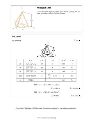 Copyright © McGraw-Hill Education. Permission required for reproduction or display.
PROBLEM 5.117
Locate the center of gravity of the figure shown, knowing that it is
made of thin brass rods of uniform diameter.
SOLUTION
By symmetry, 0
X  
L, in. , in.
y , in.
z 2
, in
yL 2
, in
zL
AB 2 2
30 16 34
  15 0 510 0
AD 2 2
30 16 34
  15 8 510 272
AE 2 2
30 16 34
  15 0 510 0
BDE (16) 50.265
  0
2(16)
10.186

 0 512
 152.265 1530 784
2
: (152.265 in.) 1530 in
Y L yL Y
   
10.048 in.
Y  10.05 in.
Y  
 2
: (152.265 in.) 784 in
Z L z L Z
    
 5.149 in.
Z   5.15 in.
Z  
www.elsolucionario.org
 
