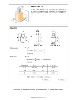 Copyright © McGraw-Hill Education. Permission required for reproduction or display.
PROBLEM 5.120
A brass collar, of length 2.5 in., is mounted on an aluminum rod
of length 4 in. Locate the center of gravity of the composite body.
(Specific weights: brass  0.306 lb/in3
, aluminum  0.101 lb/in3
)
SOLUTION
Aluminum rod:
3 2
(0.101lb/in ) (1.6 in.) (4 in.)
4
0.81229 lb
W V



 
  
 

Brass collar:
3 2 2
(0.306 lb/in. ) [(3 in.) (1.6 in.) ](2.5 in.)
4
3.8693 lb
W V



 

Component W(lb) (in.)
y (lb in.)
yW 
Rod 0.81229 2 1.62458
Collar 3.8693 1.25 4.8366
 4.6816 6.4612
: (4.6816 lb) 6.4612 lb in.
Y W yW Y
    
1.38013in.
Y  1.380 in.
Y  
www.elsolucionario.org
 