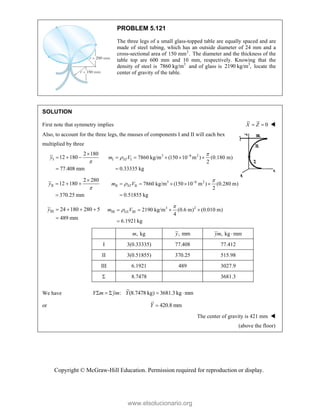 Copyright © McGraw-Hill Education. Permission required for reproduction or display.
PROBLEM 5.121
The three legs of a small glass-topped table are equally spaced and are
made of steel tubing, which has an outside diameter of 24 mm and a
cross-sectional area of 2
150 mm . The diameter and the thickness of the
table top are 600 mm and 10 mm, respectively. Knowing that the
density of steel is 3
7860 kg/m and of glass is 3
2190 kg/m , locate the
center of gravity of the table.
SOLUTION
First note that symmetry implies 0
X Z
  
Also, to account for the three legs, the masses of components I and II will each bex
multiplied by three
I
2 180
12 180
77.408 mm
y


  

3 6 2
I I 7860 kg/m (150 10 m ) (0.180 m)
2
0.33335 kg
ST
m V

 
    

II
2 280
12 180
370.25 mm
y


  

3 6 2
II II 7860 kg/m (150 10 m ) (0.280 m)
2
0.51855 kg
ST
m V

 
    

III 24 180 280 5
489 mm
y    

3 2
III III 2190 kg/m (0.6 m) (0.010 m)
4
6.1921kg
GL
m V


   

, kg
m , mm
y , kg mm
ym 
I 3(0.33335) 77.408 77.412
II 3(0.51855) 370.25 515.98
III 6.1921 489 3027.9
 8.7478 3681.3
We have : (8.7478 kg) 3681.3 kg mm
Y m ym Y
    
or 420.8 mm
Y 
The center of gravity is 421 mm 
(above the floor)
www.elsolucionario.org
 