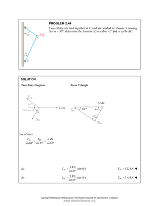 PROBLEM 2.44
Two cables are tied together at C and are loaded as shown. Knowing
that α = 30°, determine the tension (a) in cable AC, (b) in cable BC.
SOLUTION
Free-Body Diagram Force Triangle
Law of sines:
6 kN
sin60 sin35 sin85
AC BC
T T
= =
° ° °
(a)
6 kN
(sin60 )
sin85
AC
T = °
°
5.22 kN
AC
T =
(b)
6 kN
(sin35 )
sin85
BC
T = °
°
3.45 kN
BC
T =
Copyright © McGraw-Hill Education. Permission required for reproduction or display.
www.elsolucionario.org
 