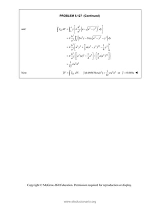 Copyright © McGraw-Hill Education. Permission required for reproduction or display.
PROBLEM 5.127 (Continued)
and  
 
2 2
2 2
2
0
2
2 2 2 3
2 0
2 2
a
EL
a
h
y dV y a a y dy
a
h
a y ay a y y dy
a


 
  
 
 
   
 

2
2 2 2 2 3/2 4
2
0
2
2 2 4 2 3/2
2
2 2
2 1
( )
3 4
1 2
( ) ( )
4 3
1
12
a
h
a y a a y y
a
h
a a a a a
a
a h



 
   
 
 
 
   
  
 
   
   
 

Now :
EL
yV y dV
  2 2 2
1
(0.095870 )
12
y ah a h
 
 or 0.869
y a
 
www.elsolucionario.org
 