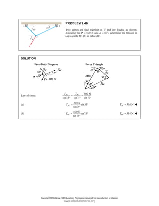SOLUT
Law of s
(a)
(b)
TION
Free-Bod
sines:
dy Diagram
PROB
Two cab
Knowing
(a) in ca
sin35 s
AC
T
=
°
5
s
AC
T =
5
si
BC
T =
LEM 2.46
bles are tied
g that P = 50
able AC, (b) in
For
500 N
sin75 sin70
BC
T
=
°
500 N
sin35
in70
°
°
500 N
sin75
in70
°
°
together at C
00 N and α =
n cable BC.
rce Triangle
N
0°
C and are lo
60°, determin
oaded as show
ne the tension
305 N
AC
T =
514 N
BC
T =
wn.
n in
Copyright © McGraw-Hill Education. Permission required for reproduction or display.
www.elsolucionario.org
 