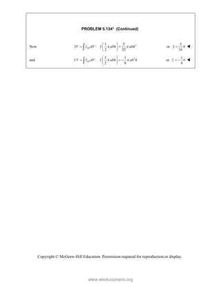 Copyright © McGraw-Hill Education. Permission required for reproduction or display.
PROBLEM 5.134* (Continued)
Now 2
1 5
:
2 32
EL
yV y dV y abh abh
 
 
 
 
 
 or
5
16
y h
 
and 2
1 1
:
2 8
EL
z V z dV z abh ab h
 
 
  
 
 
 or
1
4
z b
  
www.elsolucionario.org
 