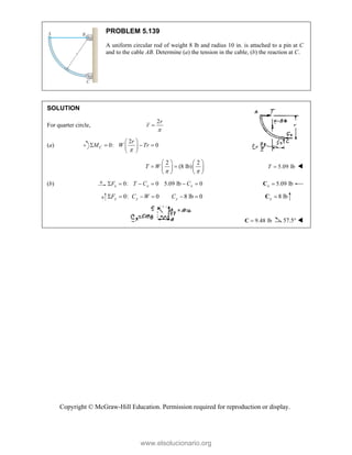 Copyright © McGraw-Hill Education. Permission required for reproduction or display.
PROBLEM 5.139
A uniform circular rod of weight 8 lb and radius 10 in. is attached to a pin at C
and to the cable AB. Determine (a) the tension in the cable, (b) the reaction at C.
SOLUTION
For quarter circle,
2r
r


(a)
2
0: 0
C
r
M W Tr

 
   
 
 
2 2
(8 lb)
T W
 
   
 
   
   
5.09 lb
T  
(b) 0: 0 5.09 lb 0
x x x
F T C C
      5.09 lb
x 
C
0: 0 8 lb 0
y y y
F C W C
      8 lb
y 
C
9.48 lb

C 57.5° 
www.elsolucionario.org
 