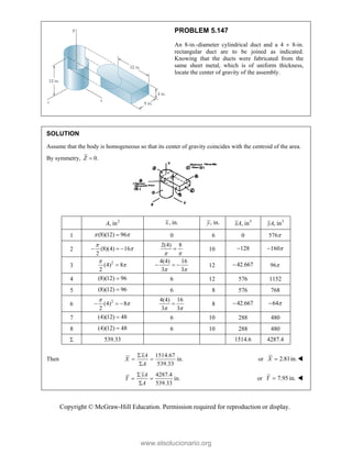 Copyright © McGraw-Hill Education. Permission required for reproduction or display.
PROBLEM 5.147
An 8-in.-diameter cylindrical duct and a 4  8-in.
rectangular duct are to be joined as indicated.
Knowing that the ducts were fabricated from the
same sheet metal, which is of uniform thickness,
locate the center of gravity of the assembly.
SOLUTION
Assume that the body is homogeneous so that its center of gravity coincides with the centroid of the area.
By symmetry, 0.
Z 
2
, in
A , in.
x , in.
y 3
, in
xA 3
, in
yA
1 (8)(12) 96
 
 0 6 0 576
2 (8)(4) 16
2


  
2(4) 8
 
 10 128
 160

3
2
(4) 8
2



4(4) 16
3 3
 
   12 42.667
 96
4 (8)(12) 96
 6 12 576 1152
5 (8)(12) 96
 6 8 576 768
6
2
(4) 8
2


  
4(4) 16
3 3
 
 8 42.667
 64

7 (4)(12) 48
 6 10 288 480
8 (4)(12) 48
 6 10 288 480
 539.33 1514.6 4287.4
Then
1514.67
in.
539.33
xA
X
A

 

or 2.81in.
X  
4287.4
in.
539.33
yA
Y
A

 

or 7.95 in.
Y  
www.elsolucionario.org
 