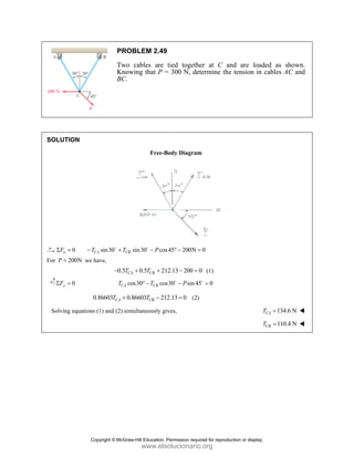 SOLUT
x
F
Σ
For P =
y
F
Σ
Solvin
TION
0 CA
T
= −
200N
= we ha
0
=
0.8
ng equations (
PRO
Two
Know
BC.
sin30 CB
T
+
D
ve,
0.5 CA
T
−
co
CA
T
86603 0.8
CA
T +
1) and (2) sim
BLEM 2.49
cables are
wing that P =
Free-B
sin30 cos
P
−
D
0.5 21
A CB
T
+ +
os30 co
CB
T
° −
86603 21
CB
T −
multaneously g
9
tied togeth
= 300 N, de
Body Diagram
s45 200N
° − =
12.13 200
− =
s30 sin 4
P
−
D
12.13 0
= (2)
ives,
her at C an
etermine the
m
0
=
0 (1)
5 0
=
D
)
nd are load
tension in c
T
T
ded as show
cables AC a
134.6 N
CA
T =
110.4 N
CB
T =
wn.
and
Copyright © McGraw-Hill Education. Permission required for reproduction or display.
www.elsolucionario.org
 