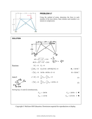Copyright © McGraw-Hill Education. Permission required for reproduction or display.
PROBLEM 6.7
Using the method of joints, determine the force in each
member of the truss shown. State whether each member is in
tension or compression.
SOLUTION
2 2
2 2
5 12 13 ft
12 16 20 ft
AD
BCD
  
  
Reactions: 0: 0
x x
F D
  
0: (21ft) (693 lb)(5 ft) 0
E y
M D
    165 lb
y 
D
0: 165 lb 693 lb 0
y
F E
     528 lb

E
Joint D:
5 4
0: 0
13 5
x AD DC
F F F
    (1)
12 3
0: 165 lb 0
13 5
y AD DC
F F F
     (2)
Solving Eqs. (1) and (2) simultaneously,
260 lb
AD
F   260 lb
AD
F C
 
125 lb
DC
F   125.0 lb
DC
F T
 
www.elsolucionario.org
 