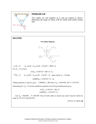 SOLUT
x
F
Σ
For CA
T
y
F
Σ
Adding
Substitu
And
range of
TION
0 CA
T
= −
0
= we have,
0
= c
CA
T
equations (1)
uting for CB
T =
d 546.40
CA
T =
f 179.315 N an
PRO
Two
Deter
taut.
sin30 CB
T
+
D
,
0.5 CB
T +
cos30 c
CB
T
° −
0.866
and (2) gives
0
= into the eq
0N , 669
P =
nd 669.20 N.
BLEM 2.50
cables are
rmine the ran
Free-B
sin30 cos
P
−
D
0.70711 2
P
+ −
cos30 sin
P
−
D
603 0.707
CB
T −
s, 1.36603 C
T
quilibrium equ
0.5
0.86603
CA
T
−
9.20N Thus fo
0
tied togeth
nge of value
Body Diagram
s45 200N
° − =
200 0
= (1)
45 0
=
D
; aga
711 0
P = (2)
200
CB = henc
uations and sol
0.70711
0.70711
CA
P
T
+ −
−
for both cables
her at C an
es of P for
m
0
=
ain setting CA
T
)
ce 146.4
CB
T =
lving simultan
200 0
1 0
P
− =
=
s to remain ta
nd are load
which both
0
A = yields,
410N and P =
neously gives,
aut, load P mu
179.3 N
ded as show
cables rema
179.315N
=
ust be within
N < < 669 N
P
wn.
ain
the
Copyright © McGraw-Hill Education. Permission required for reproduction or display.
www.elsolucionario.org
 