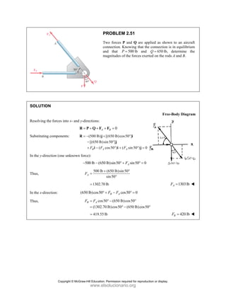 SOLUT
Resolvin
Substitu
In the y-
Thus,
In the x-
Thus,
TION
ng the forces i
uting compone
-direction (one
-direction:
into x- and y-d
=
R
ents: =
R
e unknown for
−
(65
P
Tw
co
an
m
directions:
A
= + + +
P Q F
(500 lb)
[(650 lb)si
( c
B A
F F
= − +
−
+ −
j
i
rce):
500 lb (650
− −
500 lb
A
F
+
=
1302.70
=
50 lb)cos50° +
cos50
(1302.70
B A
F F
=
=
419.55 lb
=
PROBLEM 2
wo forces P a
onnection. Kn
nd that P =
magnitudes of t
0
B
+ =
F
[(650 lb)cos5
in50 ]
cos50 ) ( A
F
°
° +
j
i
lb)sin50 F
° +
(650 lb)sin50
sin50
+
°
lb
cos5
B A
F F
+ −
0 (650 lb)c
0 lb)cos50
° −
° −
b
2.51
and Q are ap
nowing that th
500
= lb and
the forces exer
50 ]
sin50 ) 0
A
°
° =
i
j
sin50 0
A
F ° =
0°
50 0
° =
cos50
(650 lb)cos50
°
pplied as show
e connection i
650
Q = lb,
rted on the rod
Free
0°
wn to an aircr
is in equilibriu
determine
ds A and B.
e-Body Diagr
1303lb
A
F =
420 lb
B
F =
raft
um
the
ram
Copyright © McGraw-Hill Education. Permission required for reproduction or display.
www.elsolucionario.org
 