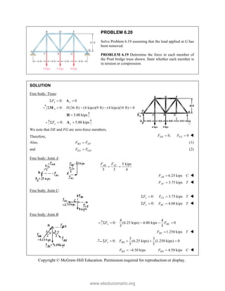 Copyright © McGraw-Hill Education. Permission required for reproduction or display.
PROBLEM 6.20
Solve Problem 6.19 assuming that the load applied at G has
been removed.
PROBLEM 6.19 Determine the force in each member of
the Pratt bridge truss shown. State whether each member is
in tension or compression.
SOLUTION
Free body: Truss:
0: 0
x x
F
  
A
0: (36 ft) (4 kips)(9 ft) (4 kips)(18 ft) 0
A H
    
M
3.00 kips

H
0: 5.00 kips
y y
F
  
A
We note that DE and FG are zero-force members.
Therefore, 0,
DE
F  0
FG
F  
Also, BD DF
F F
 (1)
and EG GH
F F
 (2)
Free body: Joint A:
5 kips
5 3 4
AC
AB F
F
 
6.25 kips
AB
F C
 
3.75 kips
AC
F T
 

Free body: Joint C:
0:
x
F
  3.75 kips
CE
F T
 
0:
y
F
  4.00 kips
BC
F T
 
Free body: Joint B:
4 4
0: (6.25 kips) 4.00 kips 0
5 5
x BE
F F
    
1.250 kips
BE
F T
 
3 3
0: (6.25 kips) (1.250 kips) 0
5 5
x BD
F F
     
4.50 kips
BD
F   4.50 kips
BD
F C
 
www.elsolucionario.org
 