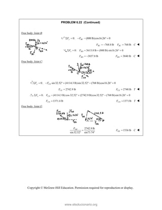 Copyright © McGraw-Hill Education. Permission required for reproduction or display.
PROBLEM 6.22 (Continued)
Free body: Joint B:
0: (800 lb)cos16.26 0
y BC
F F
     
768.0 lb 768 lb
BC BC
F F C
   
0: 3613.8 lb (800 lb) sin16.26° 0
x BD
F F
    
3837.8 lb
BD
F   3840 lb
BD
F C
 
Free body: Joint C:
0: sin32.52 (4114.3 lb)sin32.52 (768 lb)cos16.26 0
y CE
F F
        
2742.9 lb
CE
F  2740 lb
CE
F T
 
0: (4114.3 lb) cos 32.52° (2742.9 lb)cos32.52° (768 lb)sin16.26 0
x CD
F F
      
1371.4 lb
CD
F  1371 lb
CD
F T
 
Free body: Joint E:
2742.9 lb
sin32.52 sin73.74°
DE
F


1536 lb
DE
F C
 
www.elsolucionario.org
 