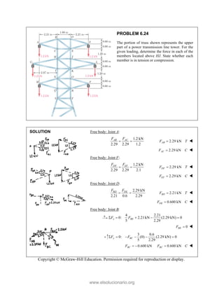Copyright © McGraw-Hill Education. Permission required for reproduction or display.
PROBLEM 6.24
The portion of truss shown represents the upper
part of a power transmission line tower. For the
given loading, determine the force in each of the
members located above HJ. State whether each
member is in tension or compression.
SOLUTION Free body: Joint A:
1.2 kN
2.29 2.29 1.2
AC
AB F
F
  2.29 kN
AB
F T
 
2.29 kN
AC
F C
 
Free body: Joint F:
1.2 kN
2.29 2.29 2.1
 
DF EF
F F
2.29 kN
DF
F T
 
2.29 kN
EF
F C
 
Free body: Joint D:
2.29 kN
2.21 0.6 2.29
BD DE
F F
  2.21 kN
BD
F T
 
0.600 kN
DE
F C
 
Free body: Joint B:
4 2.21
0: 2.21kN (2.29 kN) 0
5 2.29
x BE
F F
    
0
BE
F  
3 0.6
0: (0) (2.29 kN) 0
5 2.29
y BC
F F
     
0.600 kN
BC
F   0.600 kN
BC
F C
 
www.elsolucionario.org
 