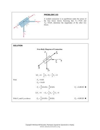 SOLUT
With
With FA
TION
A and FB as abo
F
F
Σ
F
F
F
F
Σ
ove: F
PR
A w
the
B
F =
forc
Free-Body Di
3
0:
5
x B
F F
=
8 kN
16 kN
A
B
F
F
=
=
4
(16 kN)
5
C
F =
0:
y D
F F
= −
3
(16 kN)
5
D
F =
ROBLEM 2.
welded connec
four forces
16
= kN, dete
ces.
iagram of Co
3
5
C A
F F
− − =
4
) (8 kN)
5
−
3 3
5 5
B A
F F
+ −
3
) (8 kN)
5
−
53
ction is in equ
shown. Kn
ermine the m
nnection
0
=
0
A =
uilibrium und
nowing that
magnitudes of
F
F
der the action
8
A
F = kN a
f the other t
6.40 kN
C
F =
4.80 kN
D
F =
of
and
two
Copyright © McGraw-Hill Education. Permission required for reproduction or display.
www.elsolucionario.org
 