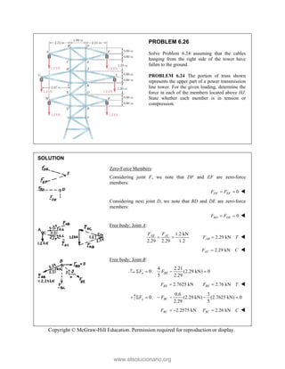 Copyright © McGraw-Hill Education. Permission required for reproduction or display.
PROBLEM 6.26
Solve Problem 6.24 assuming that the cables
hanging from the right side of the tower have
fallen to the ground.
PROBLEM 6.24 The portion of truss shown
represents the upper part of a power transmission
line tower. For the given loading, determine the
force in each of the members located above HJ.
State whether each member is in tension or
compression.
SOLUTION
Zero-Force Members:
Considering joint F, we note that DF and EF are zero-force
members:
0
 
DF EF
F F 
Considering next joint D, we note that BD and DE are zero-force
members:
0
BD DE
F F
  
Free body: Joint A:
1.2 kN
2.29 2.29 1.2
AC
AB F
F
  2.29 kN
AB
F T
 
2.29 kN
AC
F C
 
Free body: Joint B:
4 2.21
0: (2.29 kN) 0
5 2.29
   
x BE
F F
2.7625 kN
BE
F  2.76 kN
BE
F T
 
0.6 3
0: (2.29 kN) (2.7625 kN) 0
2.29 5
y BC
F F
     
2.2575 kN
BC
F   2.26 kN
BC
F C
 
www.elsolucionario.org
 
