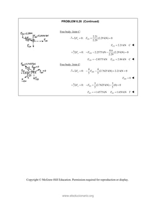 Copyright © McGraw-Hill Education. Permission required for reproduction or display.
PROBLEM 6.26 (Continued)
Free body: Joint C:
2.21
0: (2.29 kN) 0
2.29
   
x CE
F F
2.21 kN
CE
F C
 
0.6
0: 2.2575 kN (2.29 kN) 0
2.29
y CH
F F
     
2.8575 kN
CH
F   2.86 kN
CH
F C
 
Free body: Joint E:
4 4
0: (2.7625 kN) 2.21kN 0
5 5
x EH
F F
     
0
EH
F  
3 3
0: (2.7625 kN) (0) 0
5 5
y EJ
F F
     
1.6575 kN
EJ
F   1.658 kN
EJ
F T
 
www.elsolucionario.org
 