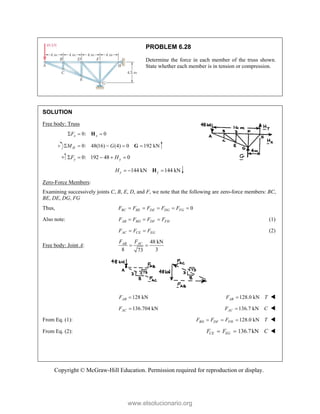 Copyright © McGraw-Hill Education. Permission required for reproduction or display.
PROBLEM 6.28
Determine the force in each member of the truss shown.
State whether each member is in tension or compression.
SOLUTION
Free body: Truss
0: 0
x x
F
  
H
0: 48(16) (4) 0 192 kN
H
M G
    
G
0: 192 48 0
y y
F H
    
144 kN 144 kN
y y
H   
H
Zero-Force Members:
Examining successively joints C, B, E, D, and F, we note that the following are zero-force members: BC,
BE, DE, DG, FG
Thus, 0
BC BE DE DG FG
F F F F F
    
Also note: AB BD DF FH
F F F F
   (1)
AC CE EG
F F F
  (2)
Free body: Joint A:
48 kN
8 3
73
AC
AB F
F
 
128 kN
AB
F  128.0 kN
AB
F T
 
136.704 kN
AC
F  136.7 kN
AC
F C
 
From Eq. (1): 128.0 kN
BD DF FH
F F F T
   
From Eq. (2):   136.7kN
CE EG
F F C 
www.elsolucionario.org
 