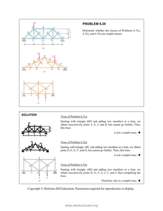 Copyright © McGraw-Hill Education. Permission required for reproduction or display.
PROBLEM 6.29
Determine whether the trusses of Problems 6.31a,
6.32a, and 6.33a are simple trusses.
SOLUTION
Truss of Problem 6.31a:
Starting with triangle HDI and adding two members at a time, we
obtain successively joints A, E, J, and B, but cannot go further. Thus,
this truss
is not a simple truss. 
Truss of Problem 6.32a:
Starting with triangle ABC and adding two members at a time, we obtain
joints D, E, G, F, and H, but cannot go further. Thus, this truss
is not a simple truss. 
Truss of Problem 6.33a:
Starting with triangle ABD and adding two members at a time, we
obtain successively joints H, G, F, E, I, C, and J, thus completing the
truss.
Therefore, this is a simple truss. 
www.elsolucionario.org
 